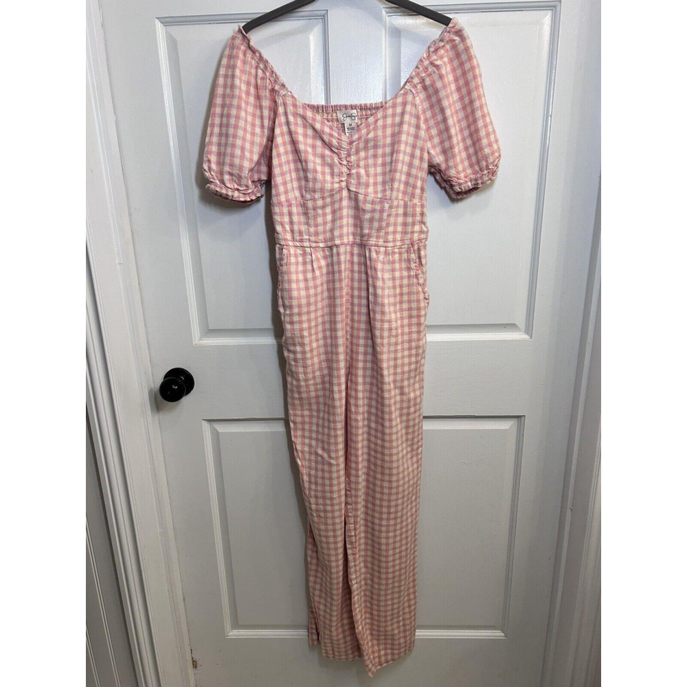 JESSICA SIMPSON Women's Pink Check Smocked-Bodice Jumpsuit SIZE SMALL